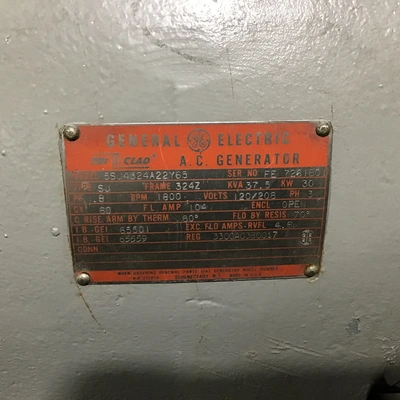 General Electric S5J4324A22Y65 AC Generator 1800 RPM 120/208V 3PH 60Cycle 30kW