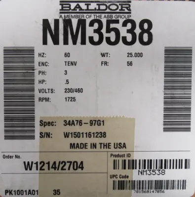 NEW BALDOR NM3538 MOTOR .5HP 230/460V 1725RPM