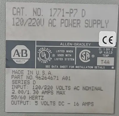 Allen Bradley 1771-P7 Ser D Power Supply Module (BIN2.2.3)