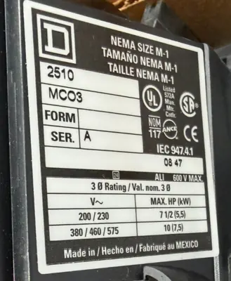 NEW SQUARE D 2510MCA3 AC MANUAL STARTER NEMA 12 ENCLOSURE 2510MCO3