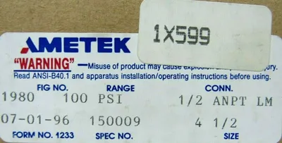 NEW AMETEK 150009 PRESSURE GAUGE 4-1/2" 100PSI 1980-150009