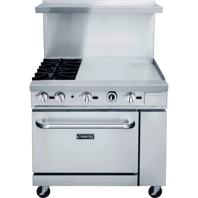 New | in-Stock Dukers New Dukers DCR36-2B24GM 36" Gas Range with Two (2) Open Burners & 24" Flat Top Griddle Commercial Ranges Illinois US | Falcon Restaurant Supply #1376281