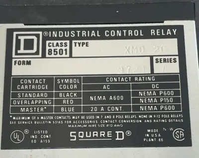 NEW SQUARE D 8501-XM020V02 CONTROL RELAY 120-60/110-50 8501XM020V02