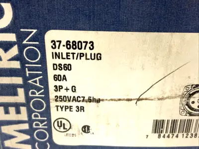 37-68073 | Meltric  Inlet/Plug DS60 60A 3P+G 250Vac 7.5hp Type 3R - New Other