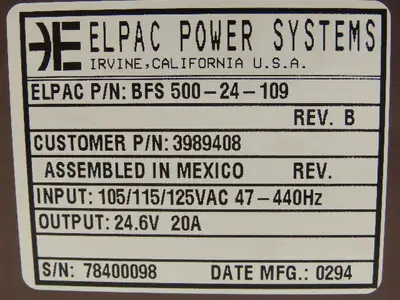 Elpac Power Systems BFS 500-24-109 Power Supply 24.6VDC Output 20A