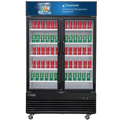 New | in-Stock Dukers New Dukers DSM-48R Commercial Glass Swing 2-Door Merchandising Reach-in Cooler Refrigerator in Black Display Refrigerators Illinois US | Falcon Restaurant Supply #1376360