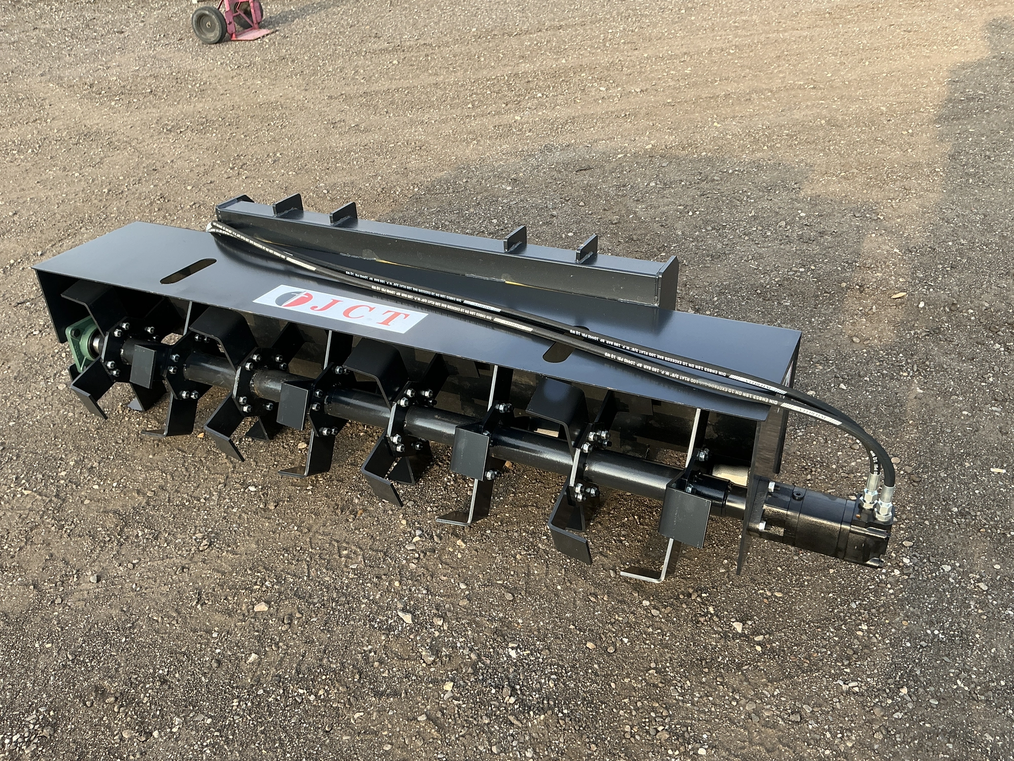 New JCT 72” Hydraulic Rototiller Skid Steer Attachment, Universal Quick Attach, has hydraulic hoses ...
