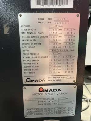 Used 1998 AMADA FBD-3512E Press Brakes California US | Wheeler Machinery Sales #1098586