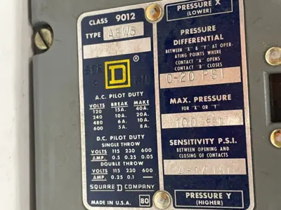 NEW SQUARE D 9012-AEW-5 PRESSURE SWITCH 9012AEW5