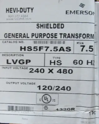 NEW EMERSON HS5F7.5AS TRANSFORMER 240x480V 120/240V 7.5KVA