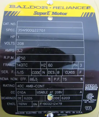 NEW BALDOR 21256500 MOTOR 1HP 208V 1750 RPM 143T 35W900Q227G1