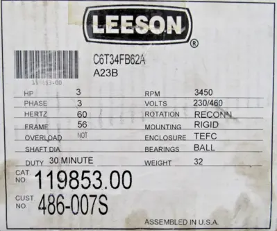 NEW LEESON C6T34FB62A MOTOR 3HP 230/460V 3450RPM 119853.00