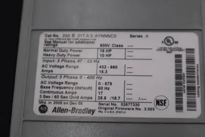 15 HP ALLEN BRADLEY 20AE017A0AYNNNC0 600V POWERFLEX 70 VFD DRIVE STOCK 1804B
