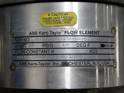 ABB Kent-Taylor Flow Element 300 PSIG @ 100°F KD2 0.338 Used