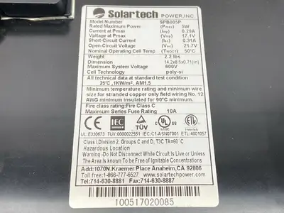 Used SOLARTECH POWER INC. 5W 0.29A 6V Solar Panel Power Generation Michigan US | Maverick Industrial Sales #1487319