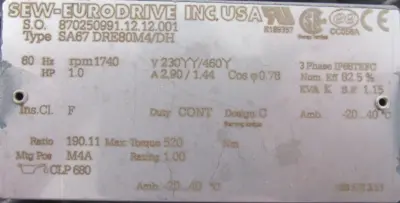 NEW SEW EURODRIVE SA67-DRE80M4/DH GEAR MOTOR 190.11:1 SA67DRE80M4DH