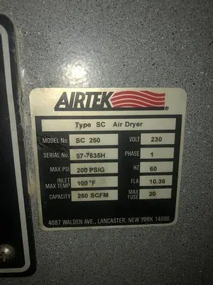 2963-540 AIRTEK REFRIGERATED AIR DRYER FOR AIR COMPRESSOR MODEL# SC-250