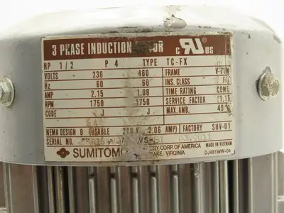 Sumitomo RNFMS05-1320LC-X1-25 Gearmotor 25:1 Ratio .5Hp 70rpm 3PH Hollow Shaft