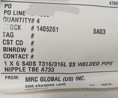 🔥QTY316/L Threaded Pipe Nipple, 1" NPT x 6" Length