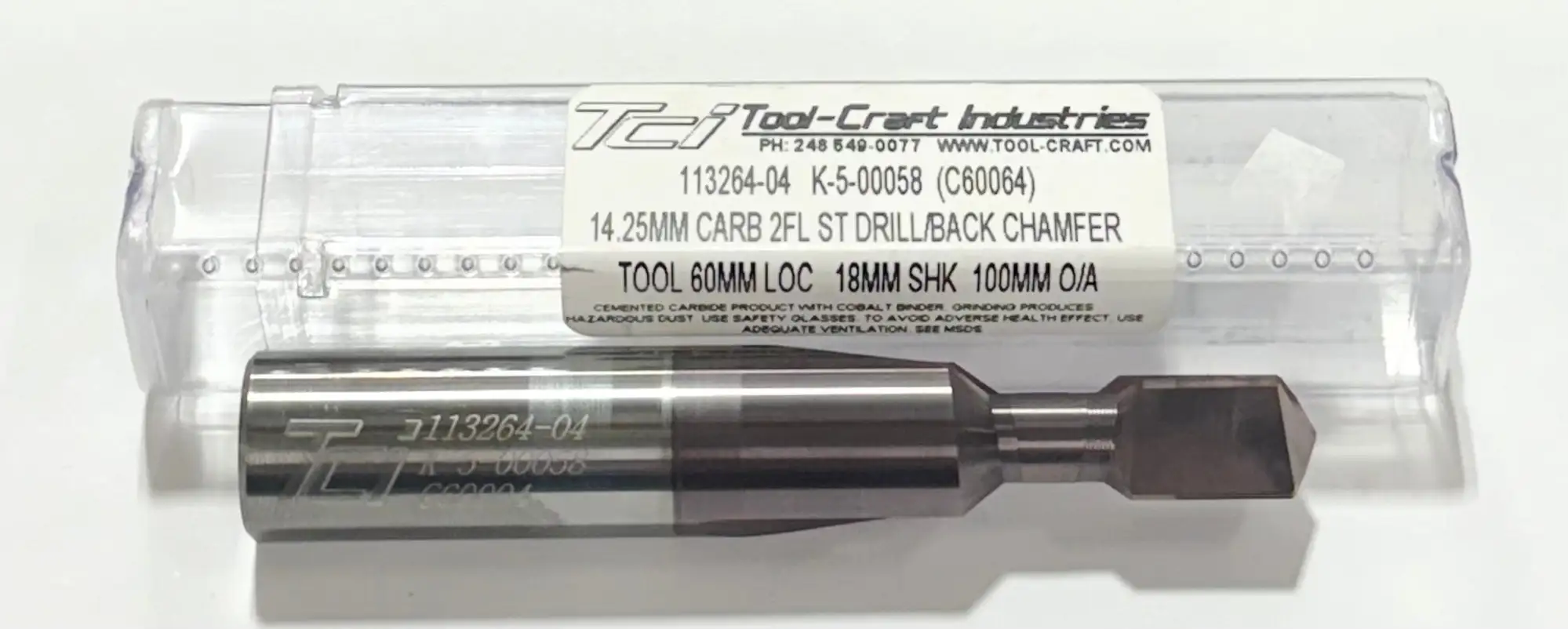 TCI 14.25mm Solid Carbide Drill Back Chamfer 2 Flute TiCN Coated 18mm Shank