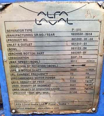 (3) Alfa-Laval P-605 SGP-11 lube oil purifier modules, SS.