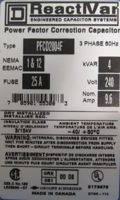 NEW SQUARE D PFCD2004F POWER FACTOR CORRECTION CAPACITOR 4KVAR 240V