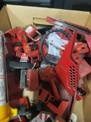 Large Lot of Electrical Lockout Tagout Devices with Tags and Padlock