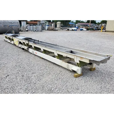 Used 18" wide x 33'-6" L FMC Stainless Steel Two-channel Vibrating Pan Conveyor