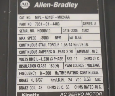 USED ALLEN BRADLEY MPL-A310F-MK24AA SERVO MOTOR SER. A, 7031-01-4403