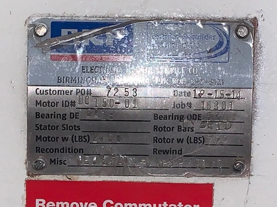 150 hp General Electric DC Motor 238 Amps 1150/1800 rpm