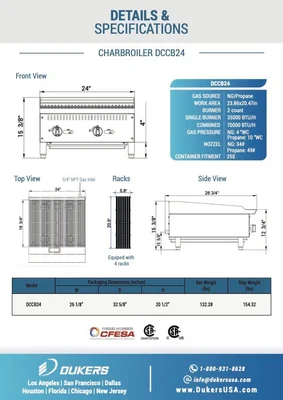 New | in-Stock Dukers New Dukers DCCB24 24 in. W Countertop Charbroiler Chargrill Grill 70,000 BTU Broilers Illinois US | Falcon Restaurant Supply #1376276