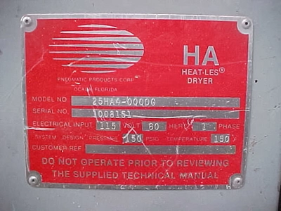 USED PNEUMATIC PRODUCTS HEAT LESS DRYER COMPRESSED AIR DRYER