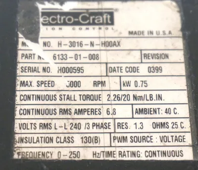PARTS ONLY ELECTRO-CRAFT H-3016-N-H00AX SERVO MOTOR 6133-01-008, H3016NH00AX
