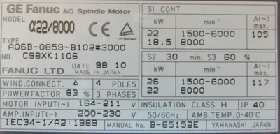 NEW GE FANUC A06B-0859-B102#3000 AC SPINDLE MOTOR X22/8000 A06B0859B1023000