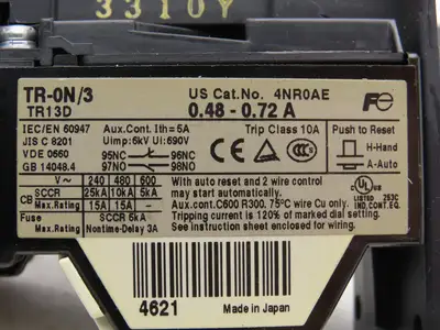 Fuji SZ-HB TZ1HB TR-ON/3 TR13D Thermal Overload Relay 0.48 - 0.72A with Adapter Base