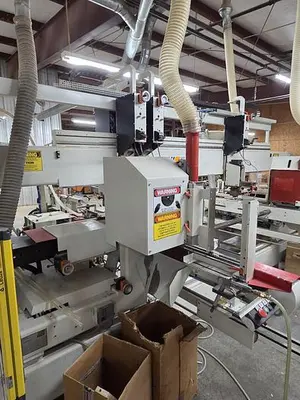 KOCH SBD-B DOUBLE-END FEED-THROUGH TRIM, BORE, GLUE, & DOWEL MACHINE
