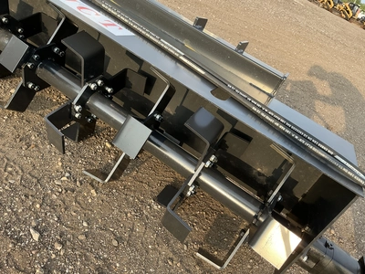 New JCT 72” Hydraulic Rototiller Skid Steer Attachment, Universal Quick Attach, has hydraulic hoses ...