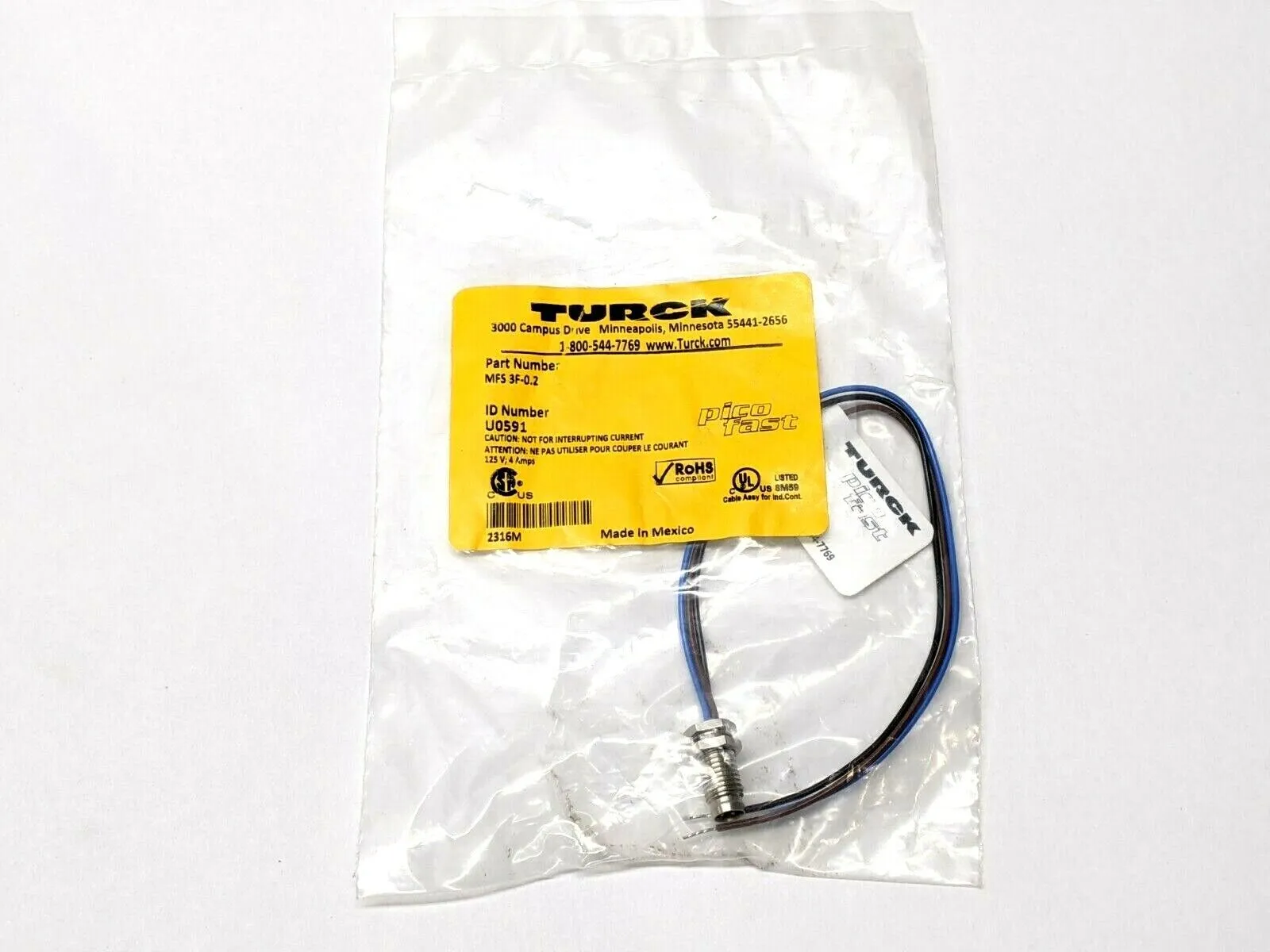 MFS 3F-0.2 | Turck  Cable Cordset Panel-Mount M8 Male to Cut End U0591 - New