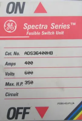 NEW GENERAL ELECTRIC ADS36400HB DISCONNECT SWITCH SPECTRA SERIES 400A 600V