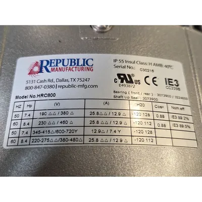 New | in-Stock REPUBLIC MANUFACTURING HRC800 Blowers West Virginia US | JM Industrial #1332433