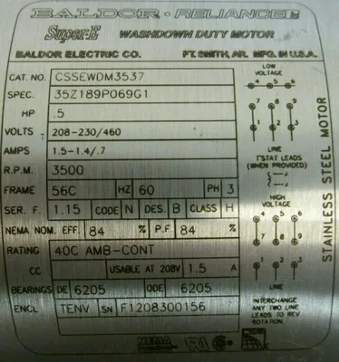 NEW BALDOR CSSEWDM3537 MOTOR .5HP 208-230/460V 3500RPM 5/8" DIA. STAINLESS STEEL