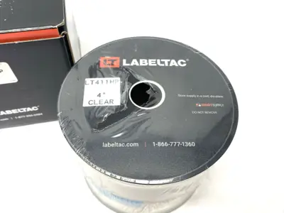 USED LABELTAC PRO MODEL HIGH PERF. 10 YEAR VINYL LABEL CLEAR 4" X 150'/ROLL