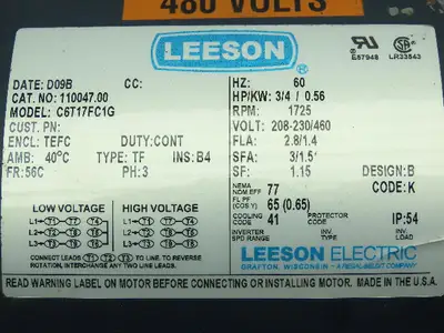 Iron Man HMQ818-15-H-56 Grove Gear 56C 15:1 Gearbox w/ Leeson 3/4 HP 480VAC 3Ø Motor