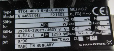 NEW GRUNFOS MTC4-40/3-U-W-A-AQQV PUMP 44634443 MTC4403UWAAQQV