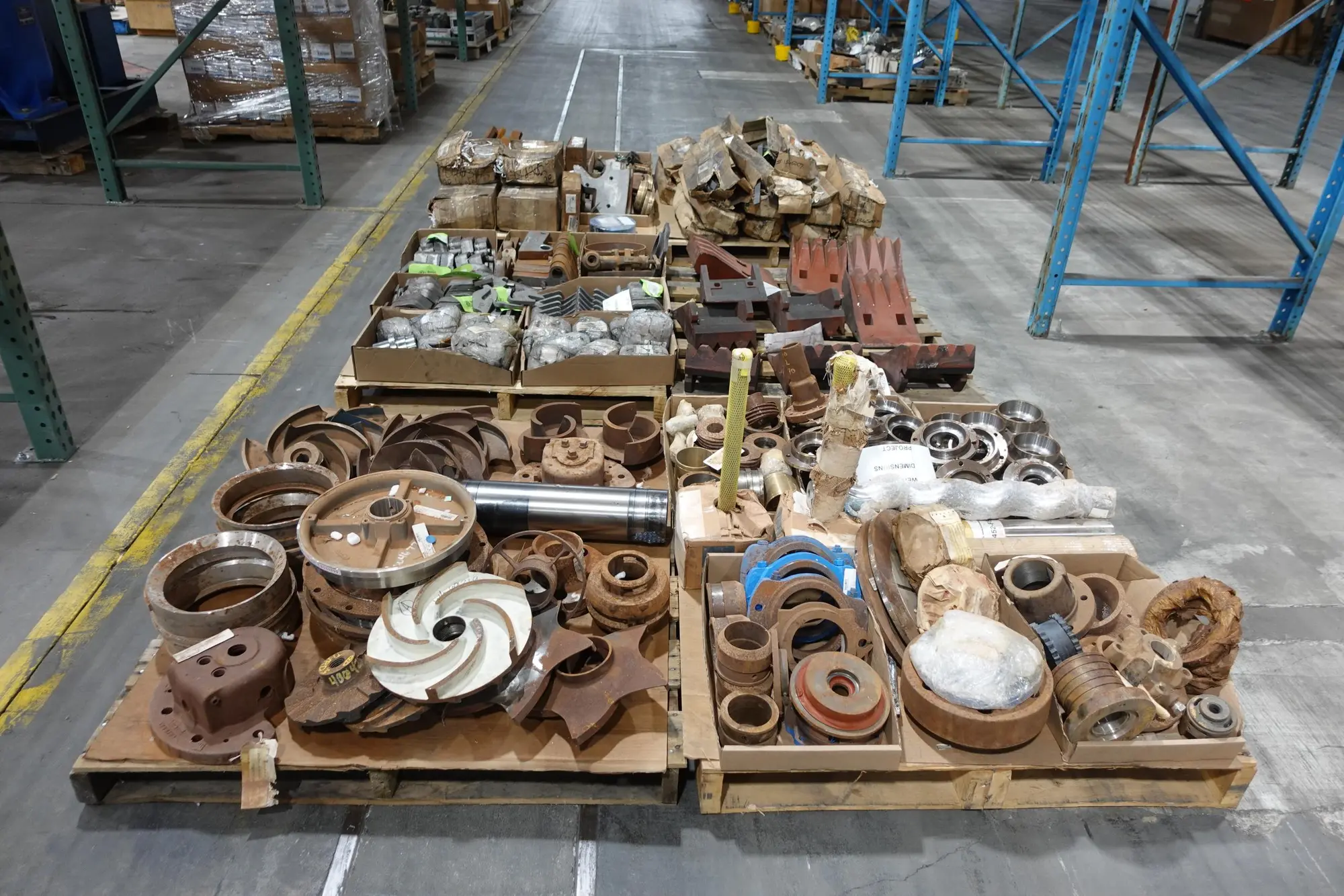 6 PALLETS OF ASSORTED STEEL CONVEYOR, PUMP, AND VALVE REPLACEMENT PARTS
