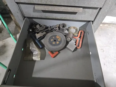 Cabinet and Contents; Black Diamond Grinder, Bench Grinder