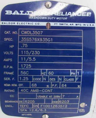 NEW BALDOR CWDL3507 MOTOR 3/4HP 115/230V 1725RPM