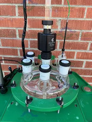 USED CHEMGLASS 30 LITER GLASS REACTOR W/ CHEMGLASS OVERHEAD 1/4 HP STIRRER