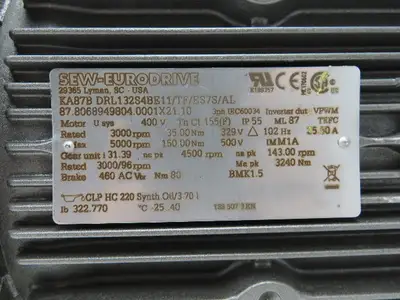Sew Eurodrive KA87B DRL132S4BE11/TF/ES7S/AL Gearmotor 96-143RPM 329-500V 3PH