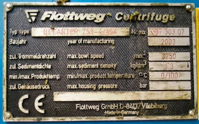 Flottweg Z53-4/454 decanter centrifuge, 316SS.
